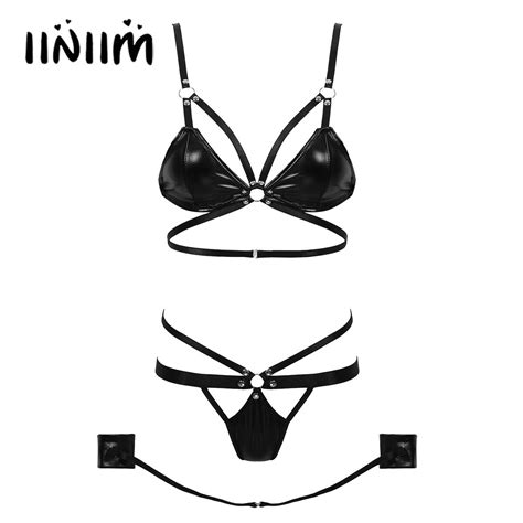 Womens Erotic Hot Lingerie Set Hollow Out Bra Top With G String Thong Briefs And Wrist Cuff