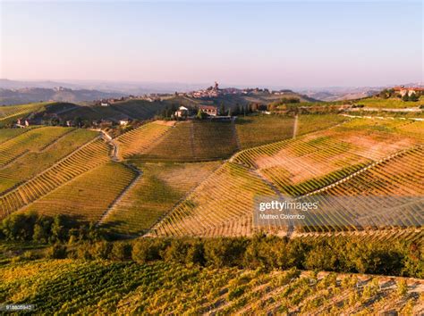 Aerial View Over Le Langhe Vineyards In Autumn Piedmont Italy High Res