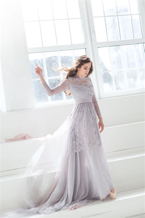 Classic Long Sleeves Wedding Dress Of Muted Grey Lilac Colour Wedding
