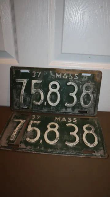 Vintage 1937 37 Massachusetts Mass Ma License Plate Tag Matching Pair