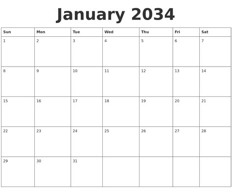 January 2034 Blank Calendar Template