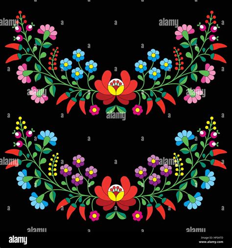 Hungarian Floral Folk Pattern Kalocsai Embroidery With Flowers And