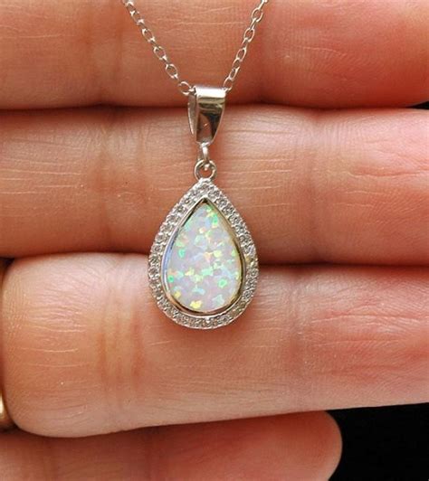 Pear Shape White Opal Necklace Cz Silver Necklace Lab Opal Pendant