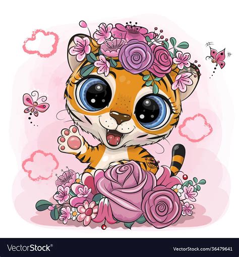 Cute Cartoon Tiger With Flowers On A Pink Background Download A Free
