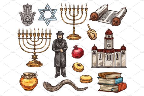 Judaism Religion Symbols Sketch Illustrations Creative Market