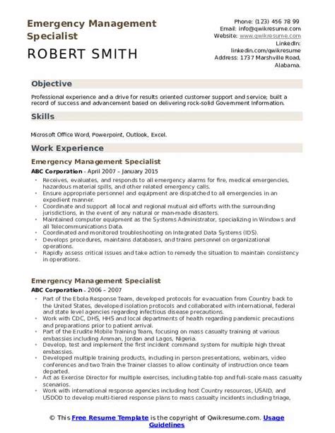 Establish priorities for resuming operations. Emergency Management Specialist Resume Samples | QwikResume