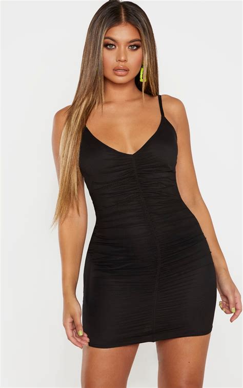 Black Strappy Mesh Ruched Front Bodycon Dress Prettylittlething Us