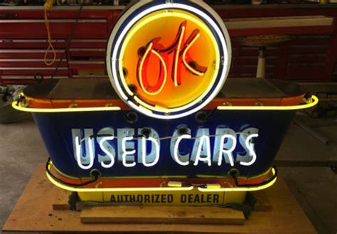 Original Ok Double Sided Porcelain Neon Dealership Sign Used Cars