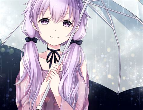 Wallpaper Yuzuki Yukari Vocaloid Purple Hair Smile Rain Umbrella