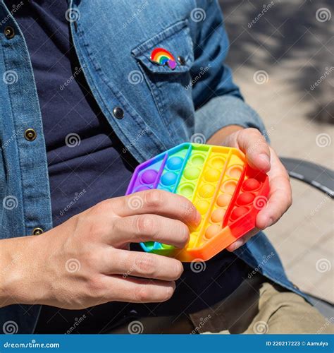 Man With Rainbow Pop It Toy Lgbt Badge Pride Month Stock Image