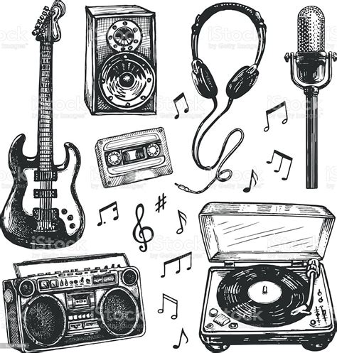 Black And White Drawings Of Music Related Items Stock Illustration