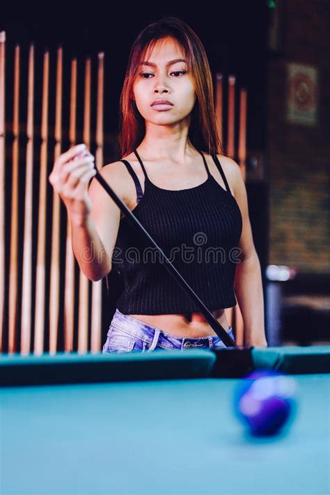 Young Beautiful Girl Playing Billiard In A Club Stock Image Image Of
