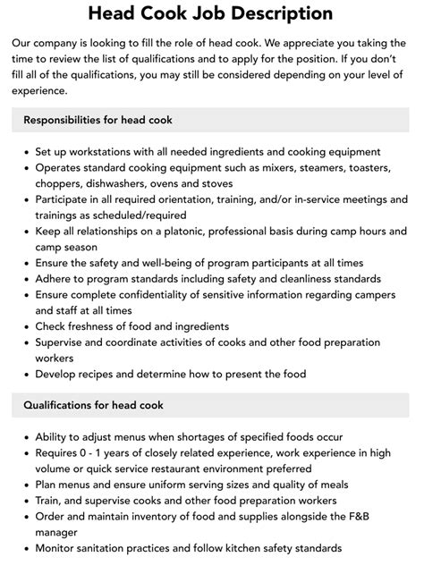 head cook job description velvet jobs