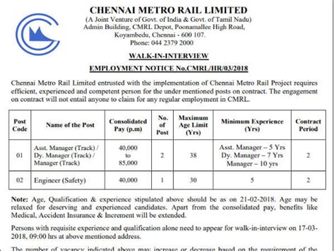 Chennai Metro Rail Limited Recruitment 2018 Walk In Interview On Mar