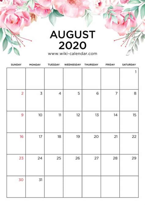 Calendar August 2020 Printable Calendar Templates