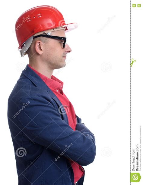 Profile Portrait Of Man Wearing Construction Helmet Stock Photo Image
