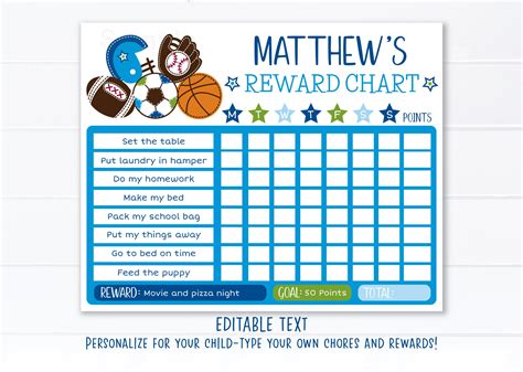 Editable Sports Reward Chart Boys Reward Chart Boys Chore Etsy