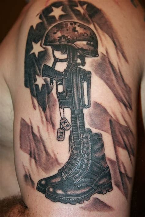 Black Ink Memorial Army Equipment With USA Flag Tattoo Design | Soldier