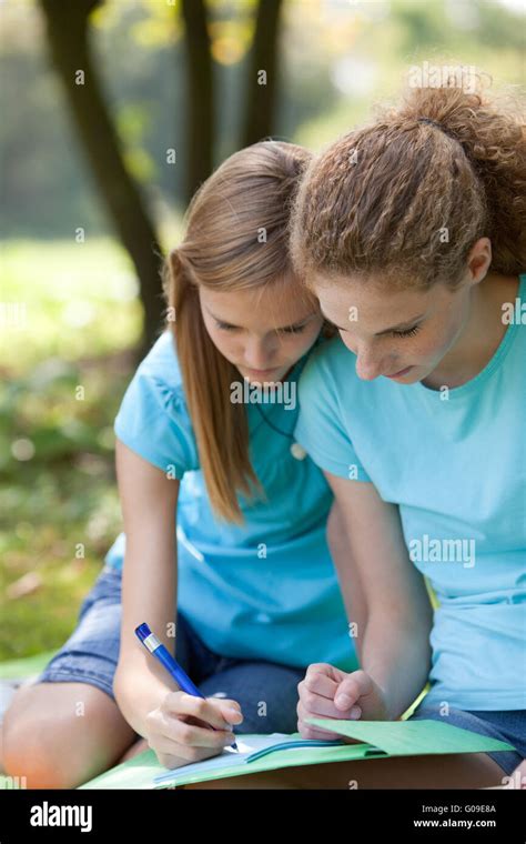 Two Friends Helping Each Other With Class Work Stock Photo Alamy