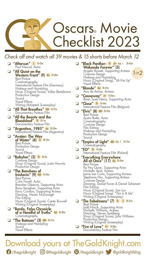 Oscars 2023 Download Our Printable Movie Checklist Oscar Movies