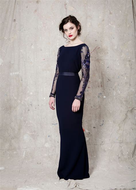 Embellished Sleeve Navy Gown Evening Dress