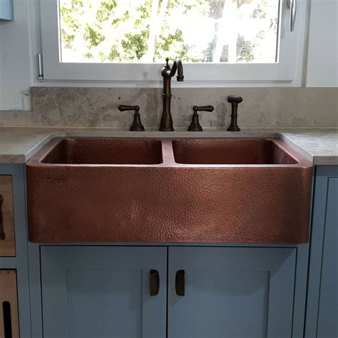Copper Farmhouse Sink Front Apron Hammered Double Bowl Antique Kitchen Sink Copper Kitchen