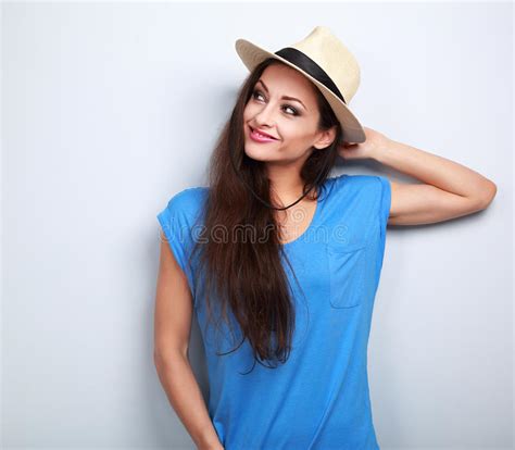 Relaxing Fun Smiling Woman In Hat Thinking About Summer Holidays Stock