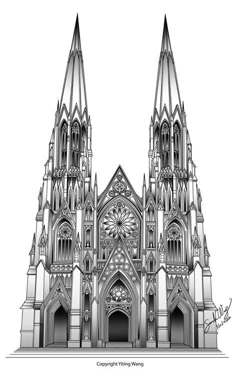 An Architectural Drawing Of A Cathedral With Clocks On Its Front And