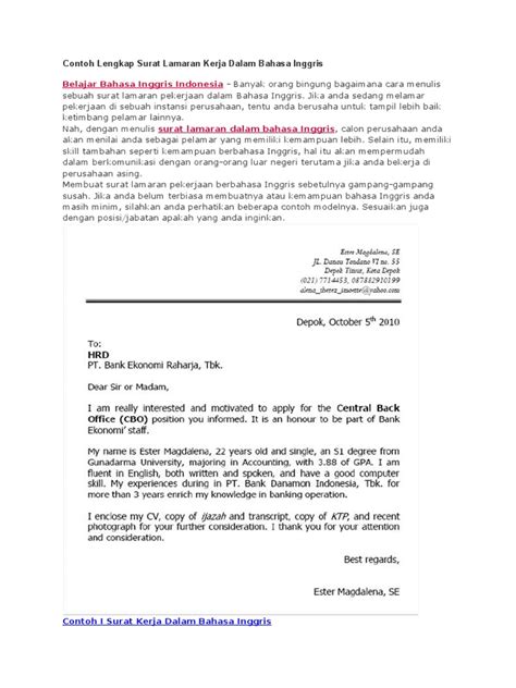 Format ini paling baik digunakan apabila tidak ada ketentuan khusus atau keharusan untuk membuat. Surat Lamaran Kerja Bahasa Inggris Untuk Akuntansi - Bagi ...