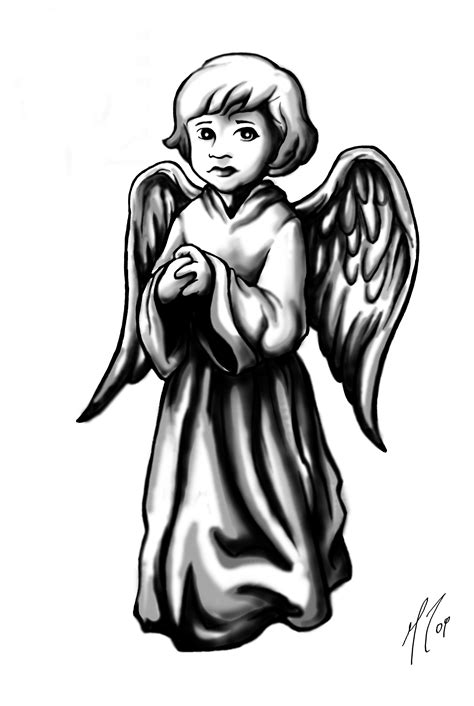 Grey Ink Cute Praying Angel Girl Tattoo Design