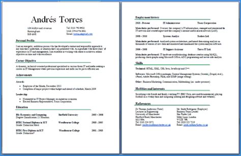 Resume format and cv format: CV two pages example