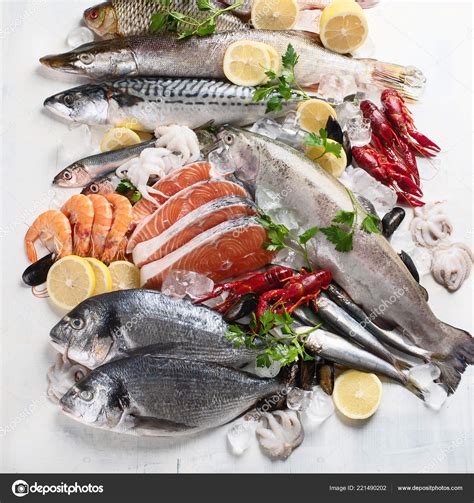 Assortment Fresh Fish Seafood Healthy Eating Concept Stock Photo by ...