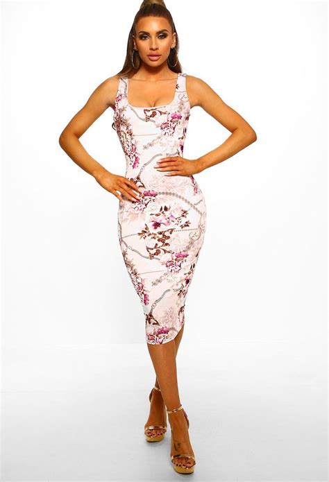 Weekend In Vegas Pink Baroque Print Bodycon Midi Dress Midi Dress