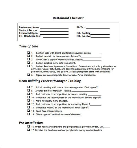 Free 18 Restaurant Checklist Samples And Templates In Pdf Ms Word
