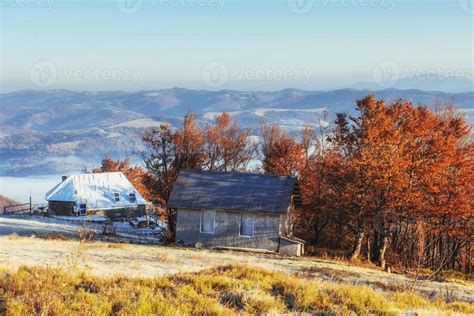 Cabin In The Mountains In Winter Mysterious Fog In Anticipatio