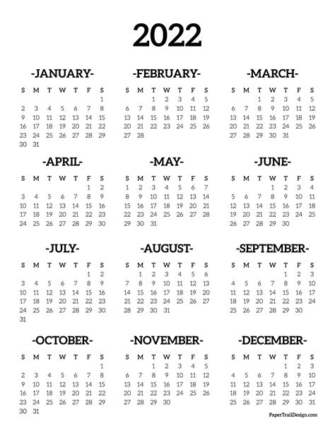 2022 Calendar Printable One Page Free Monthly