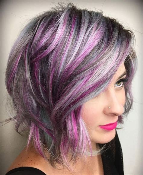 Edgy Hairstyle With Purple And Grey Messy Bob Hairstyles Hair Styles