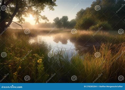 Serene Pond Amidst Towering Grasses Stock Illustration - Illustration