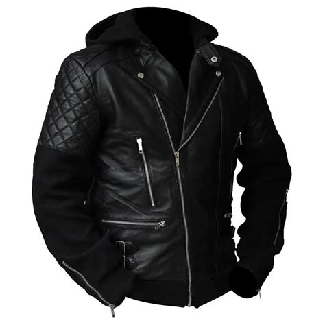 Mens Black Hooded Biker Quilted Leather Jacket Danezon