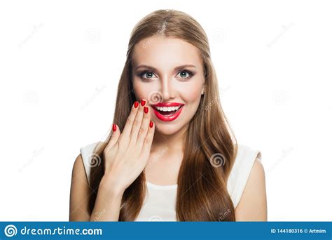 Surprised Model Woman Isolated On White Background Laughing Girl With Red Lips And Manicured