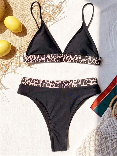 2 Piece Leopard Detail Triangle Bikini Swimsuit