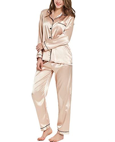 Swomog Womens Silk Satin Pajamas Long Sleeve Loungewear Two Piece Sleepwear Button Down Pj Set