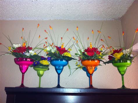 Fiesta Party Centerpieces Plastic Margarita Glasses Filled With White Sand And Bright Colored