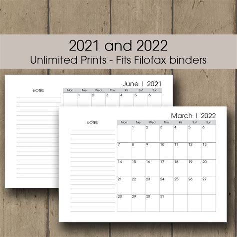 Monthly Planner Printable Filofax 2021 2022 Calendar Bundle Etsy