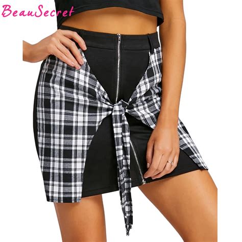 Beausecret Pencil Skirt Women Summer High Waist Plaid Bandage Skirts Womens Black Mini Etek Sexy