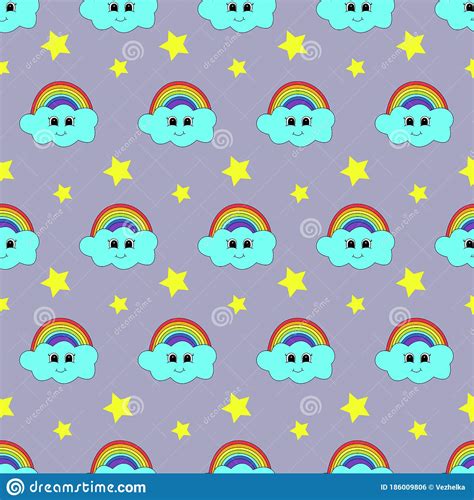 Cute Cartoon Cloud And Rainbow Seamless Pattern Vector Illustration