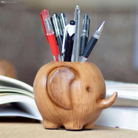 Cute Wood Carving Elephant Pencil Holder Creative Wooden Pen Holder