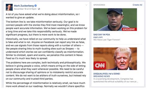 Alongside Mark Zuckerbergs Fb Post About Fake News Was Two Ads Both Linking To Fake News