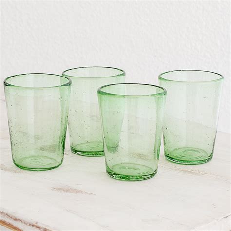 Handblown Recycled Glass Pale Green Juice Glasses Set Of 4 Glistening Meadow Novica