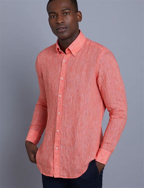 Mens Textured Coral Slim Fit Linen Shirt Single Cuff Hawes And Curtis